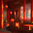 Elegantly designed Chinese-themed room with red and gold decor and cherry blossom motifs