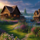 Twilight scene of rustic thatched-roof cottages and wildflowers