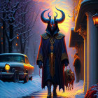 Horned figure walking dog on snowy street at dusk