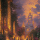 Majestic gothic cathedral in fantastical forest at sunset