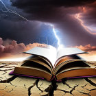 Glowing open book on cracked ground under dramatic sky with lightning bolts