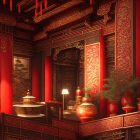 Elegant Chinese-themed room with red walls, lanterns, wooden carvings, and golden v