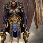 Majestic winged figure in golden and blue armor with red mask against cloudy sky