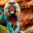 Colorful Lion with Blue, Green, and Purple Mane on Tree Branch