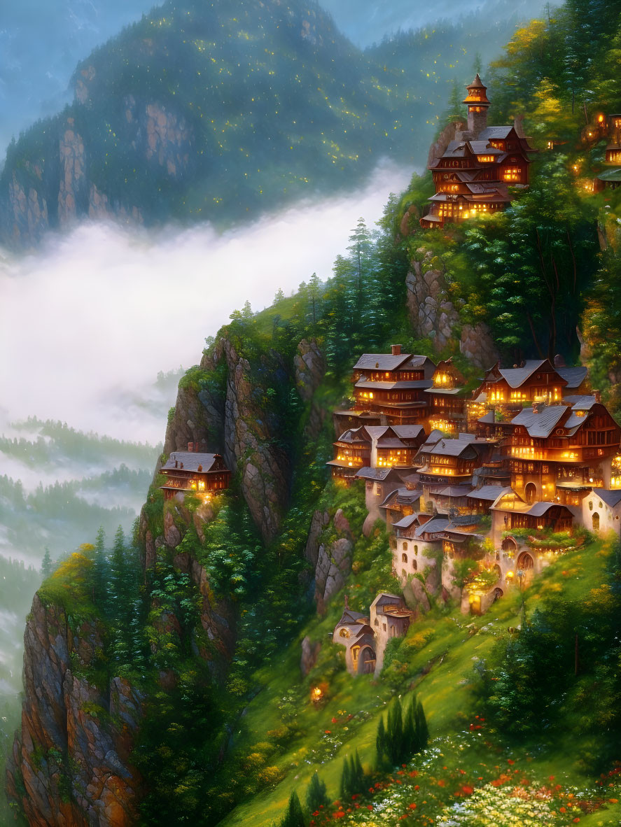 Scenic mountain village perched above clouds surrounded by lush greenery