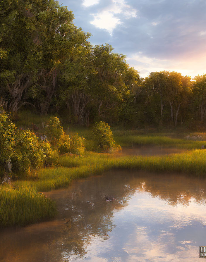 Tranquil wetland sunset scene with lush green trees and reflective water