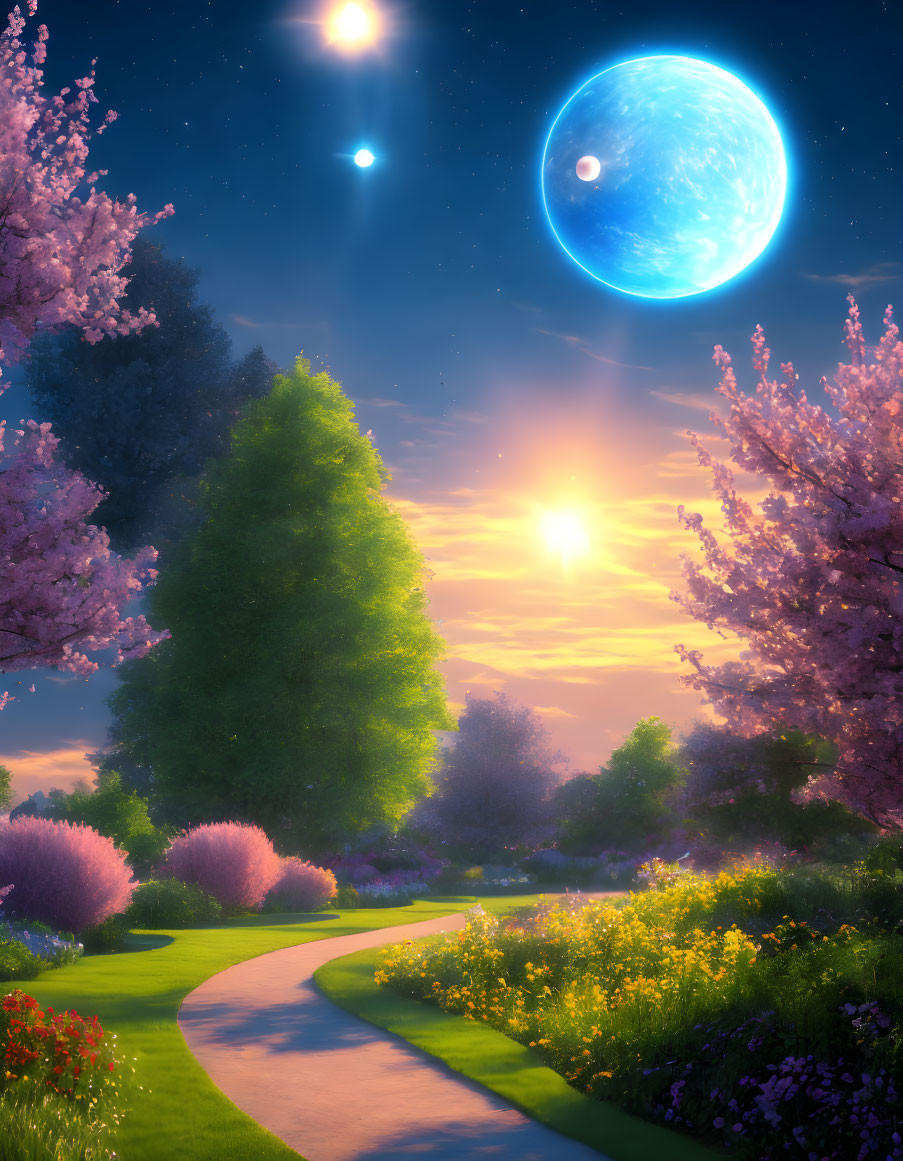 Vibrant cherry blossom landscape with setting sun and oversized moons