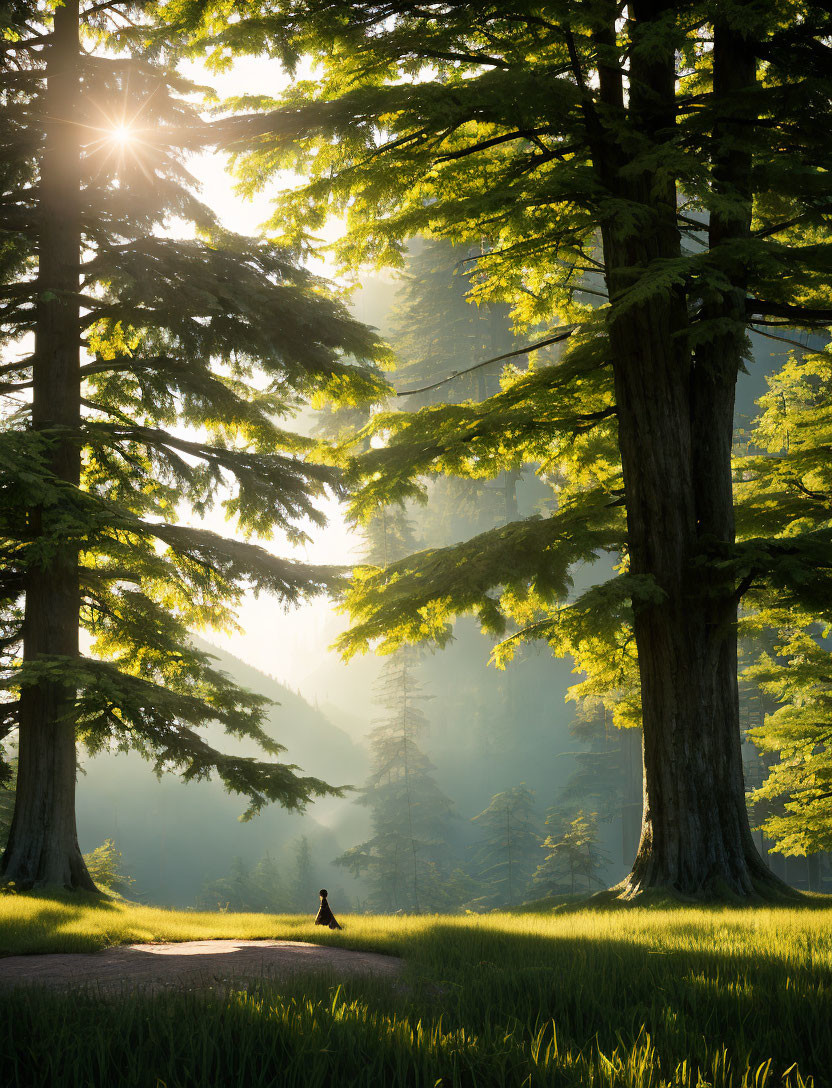 Tranquil forest scene with sunlight on grassy meadow