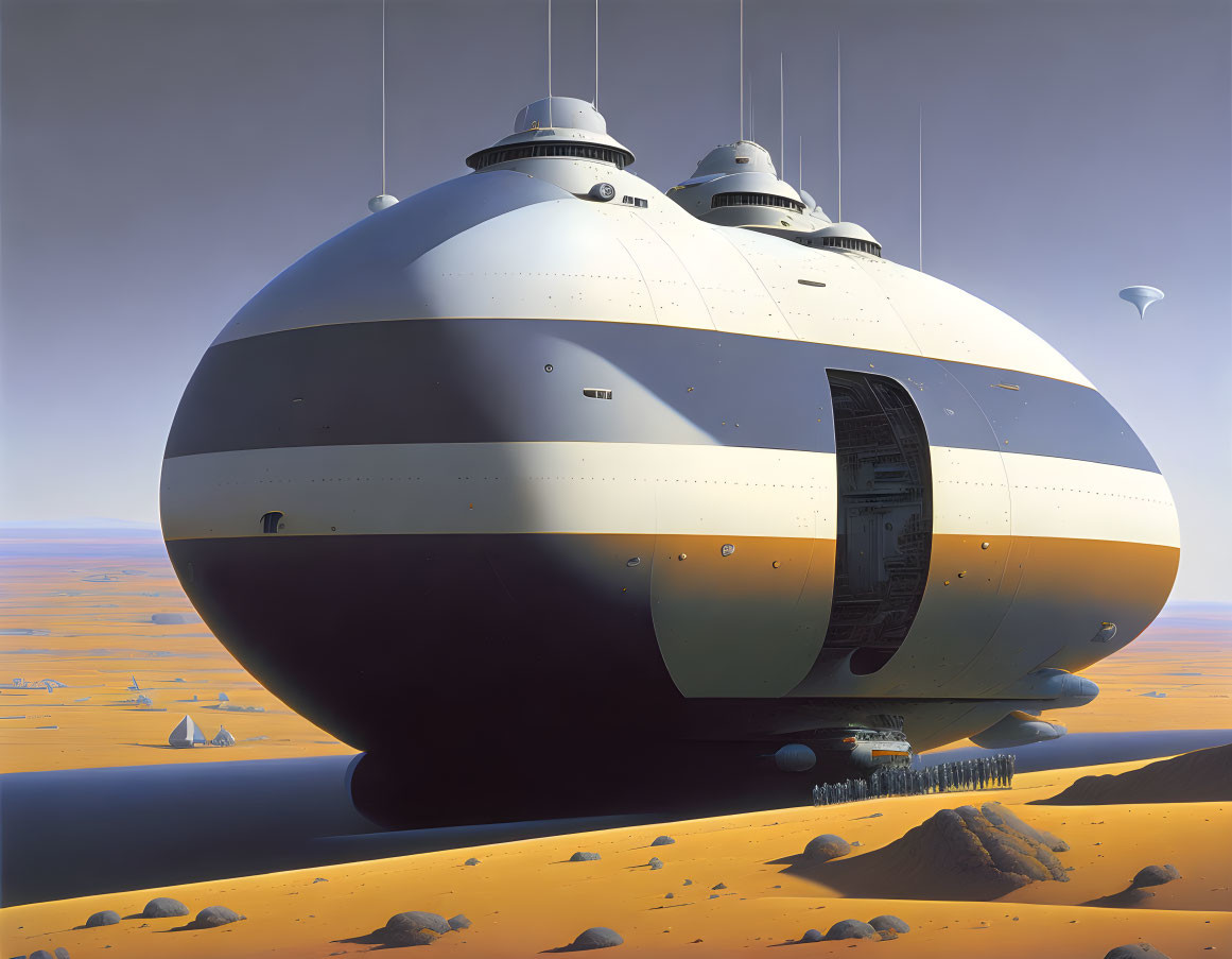 Futuristic black and white spaceship lands in desert landscape