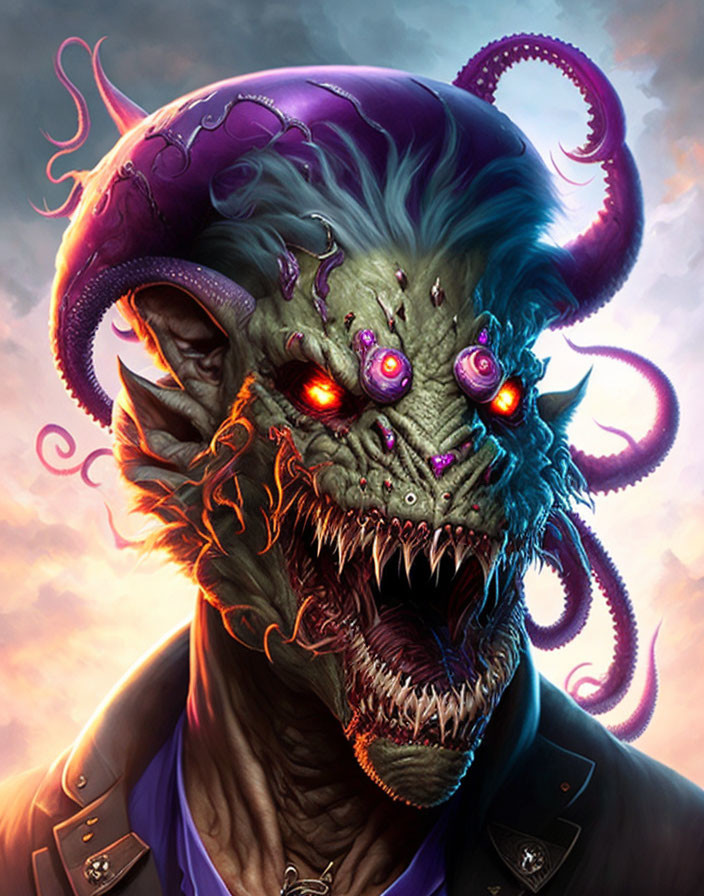 Menacing creature with green fur, red eyes, sharp teeth, and purple tentacles.