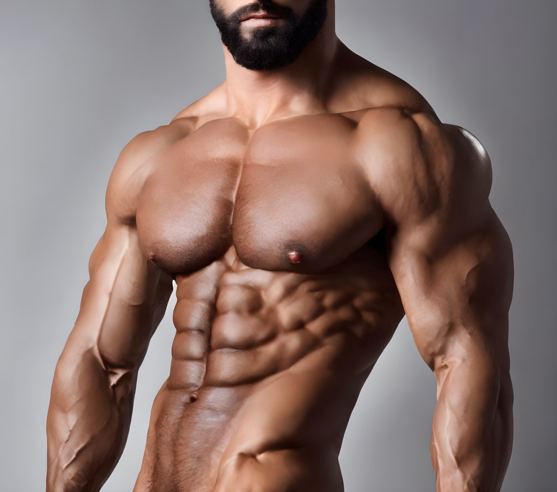 Muscular man with beard displaying defined chest, abs, and arms