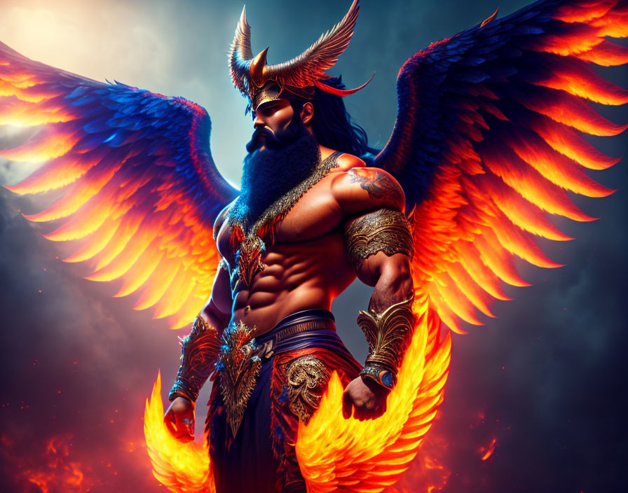 Muscular warrior with phoenix wings in ornate armor and horned helmet against dramatic sky