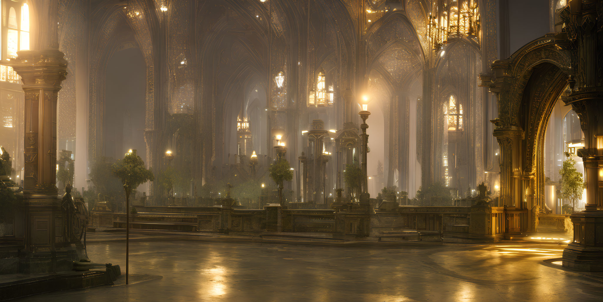 Gothic Cathedral Interior: Candlelit Arches, Columns, Serene Ambiance