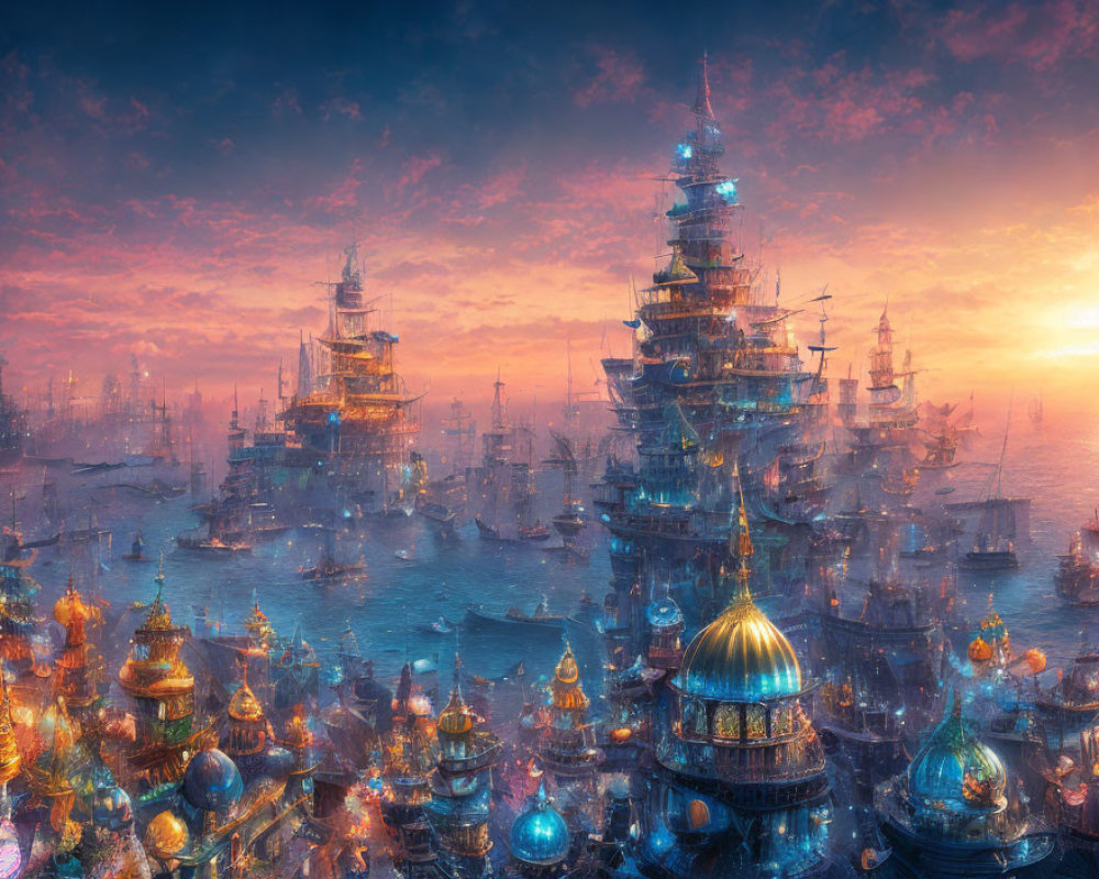 Vibrant sunset seascape with ornate ships and buildings