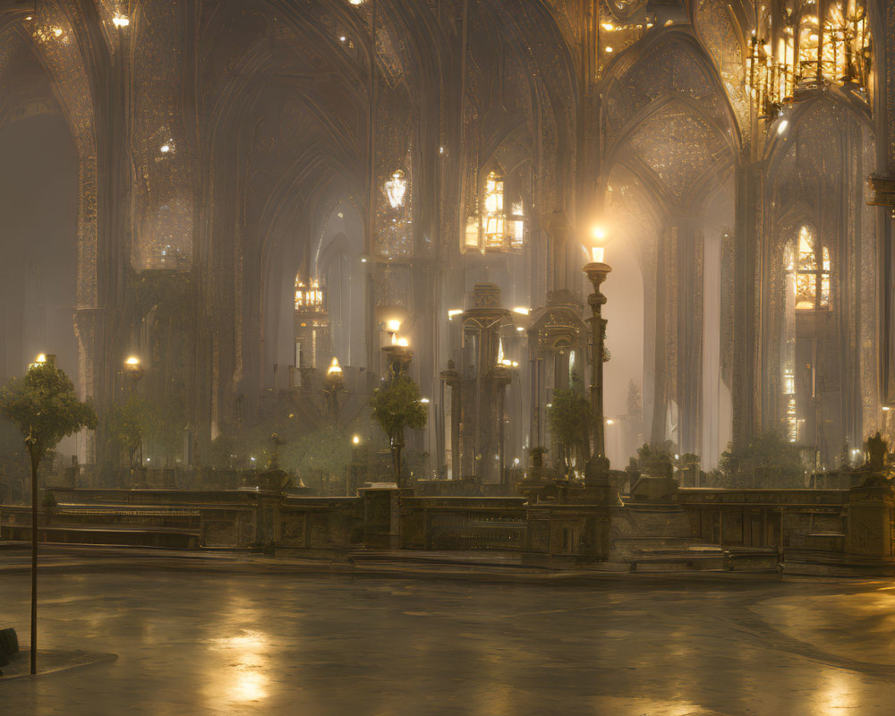 Gothic Cathedral Interior: Candlelit Arches, Columns, Serene Ambiance