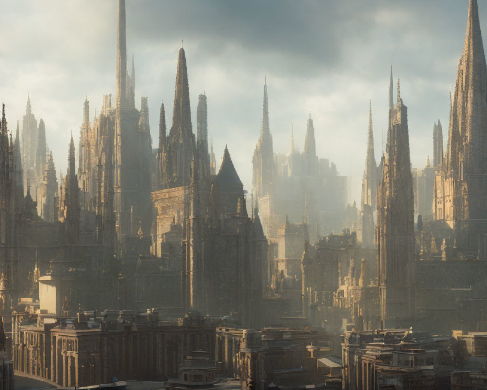 Gothic architecture in warm sunlight over cityscape