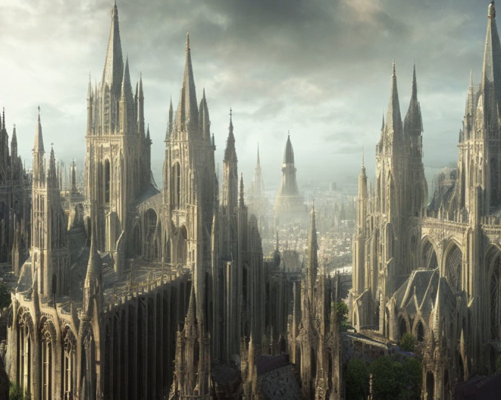 Gothic cityscape with towering cathedrals and spires under sunlight