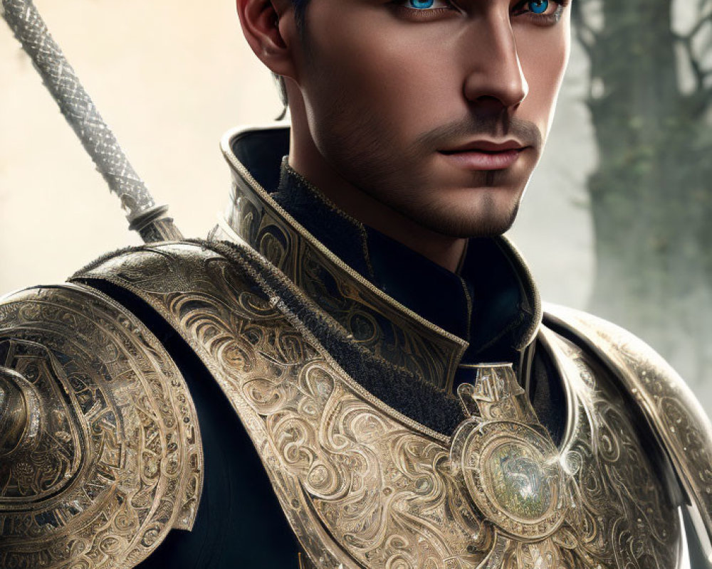 Portrait of a man in golden armor with blue eyes and sword in forest setting