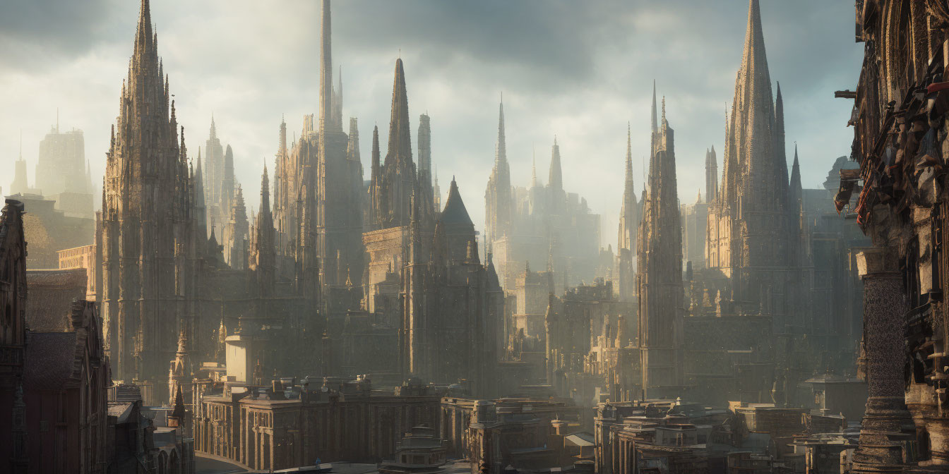 Gothic architecture in warm sunlight over cityscape