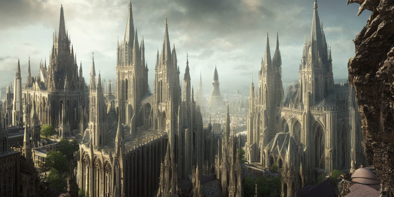 Gothic cityscape with towering cathedrals and spires under sunlight