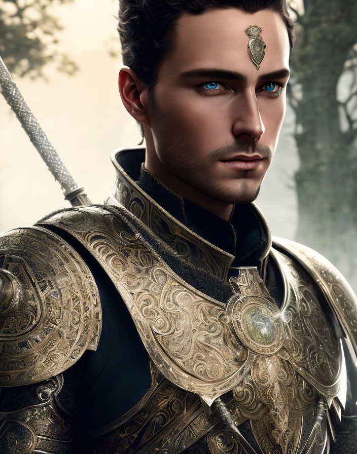 Portrait of a man in golden armor with blue eyes and sword in forest setting