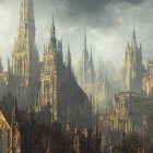 Gothic cityscape with towering cathedrals and spires under sunlight