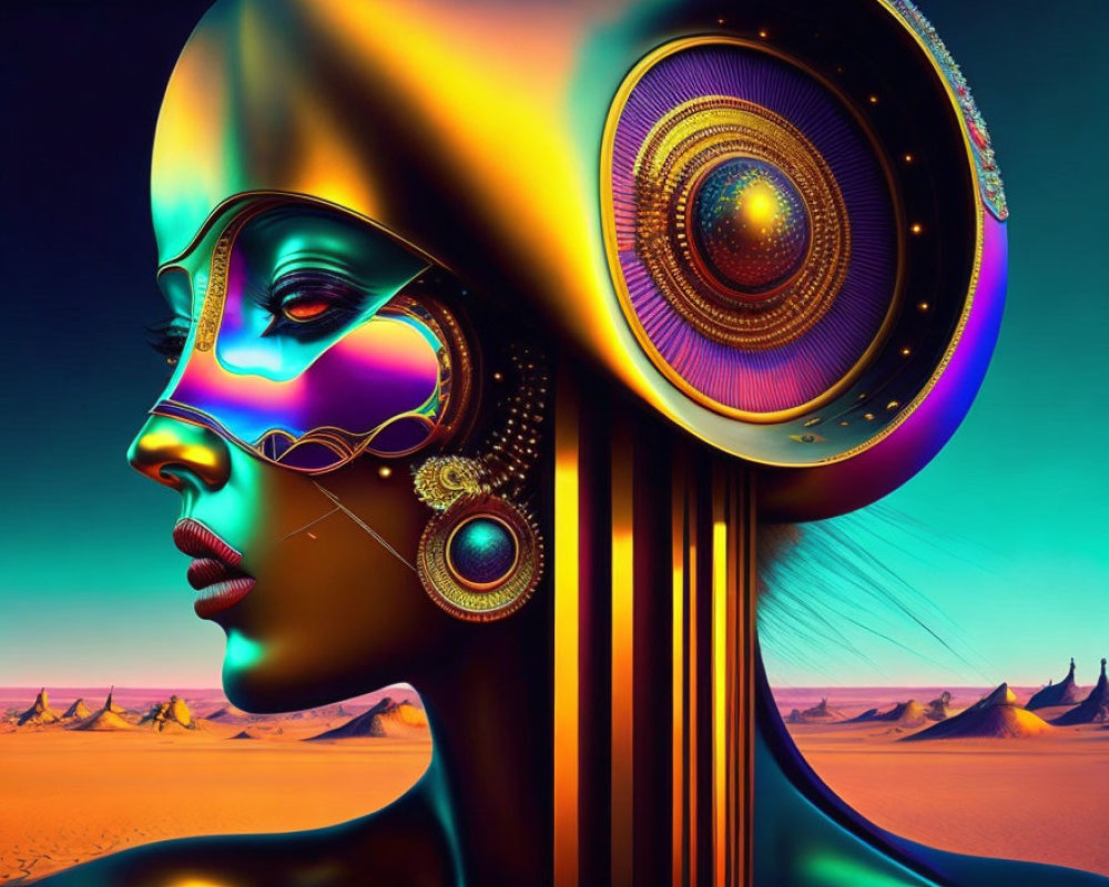 Futuristic female figure with Egyptian headdress in digital art