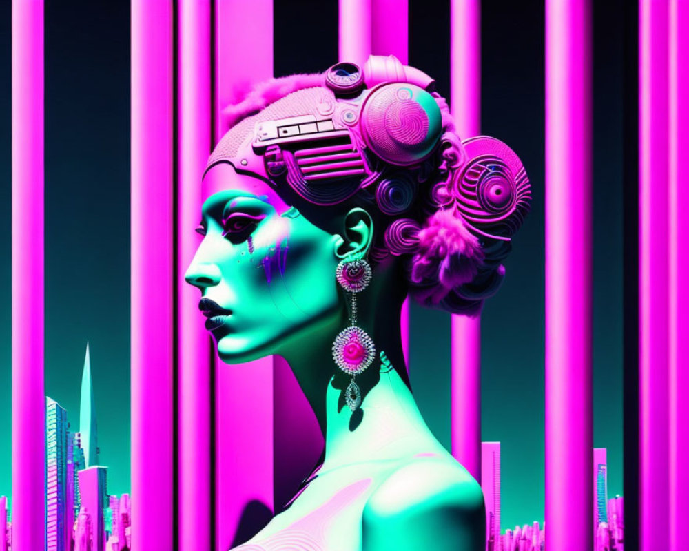 Female cyborg with intricate headgear in neon pink cityscape