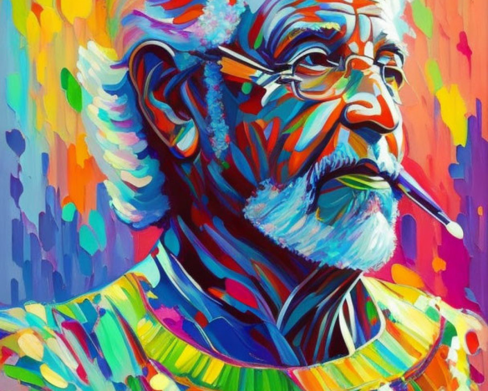 Vibrant abstract portrait of a bearded man with glasses