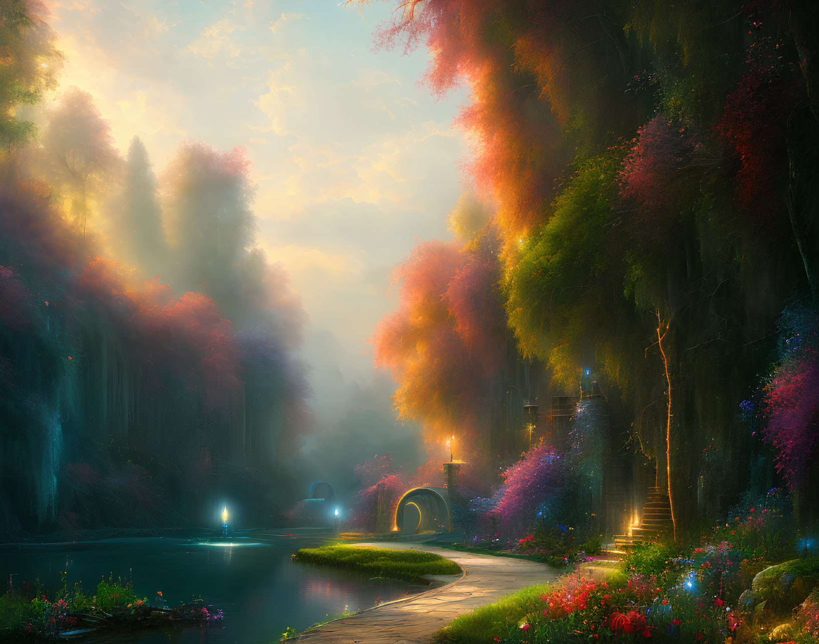 Colorful Foliage and Stone Bridge in Serene Fantasy Landscape