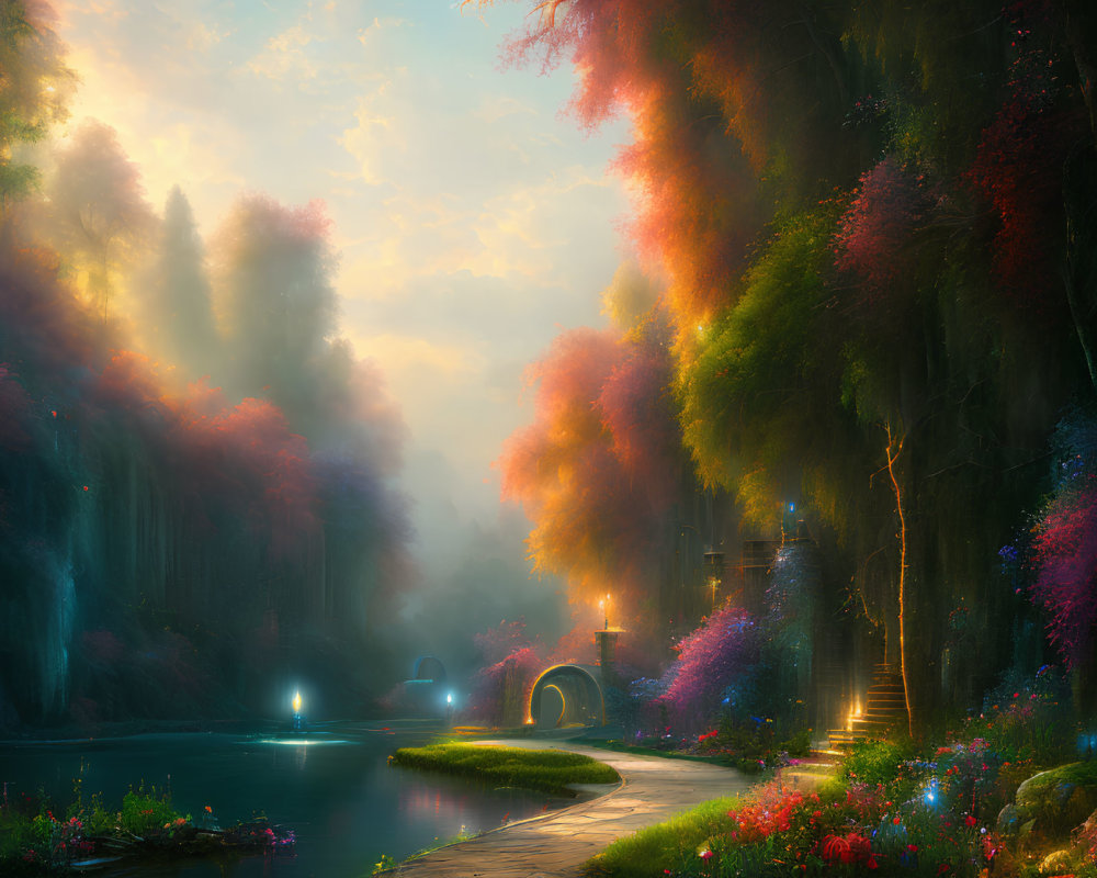 Colorful Foliage and Stone Bridge in Serene Fantasy Landscape