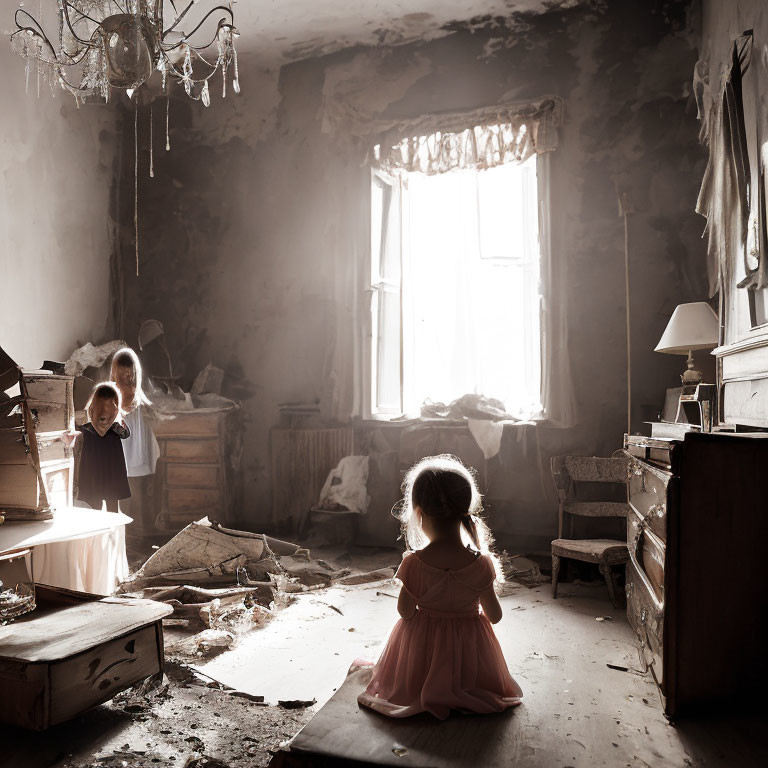 Deserted room with peeling walls, sunlight shines on two children in pink dress.