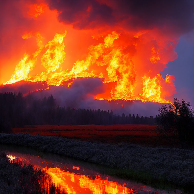 Intense forest fire illuminates tranquil river at dusk