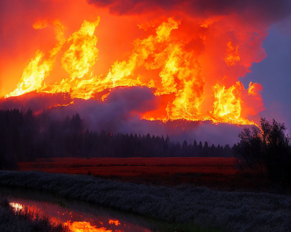 Intense forest fire illuminates tranquil river at dusk