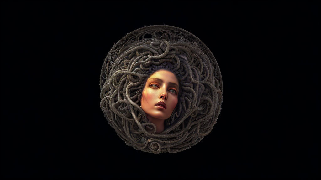 Sculpted woman's face in serpent sphere against dark backdrop