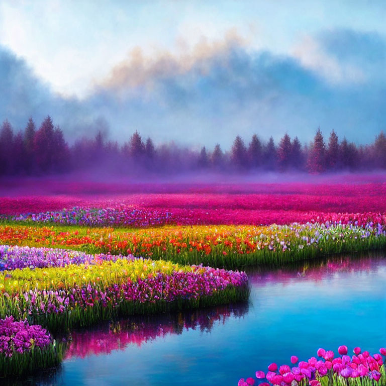 Colorful tulip landscape by calm lake with misty trees and soft sky