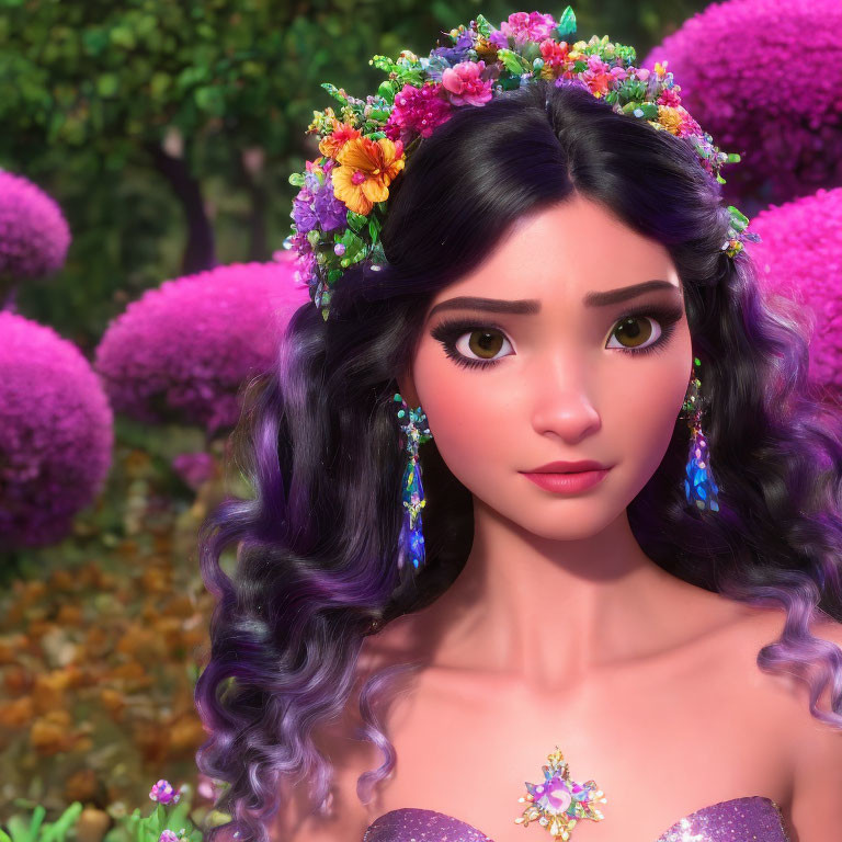 Purple-haired animated character with flower crown and jeweled earrings on vibrant floral backdrop