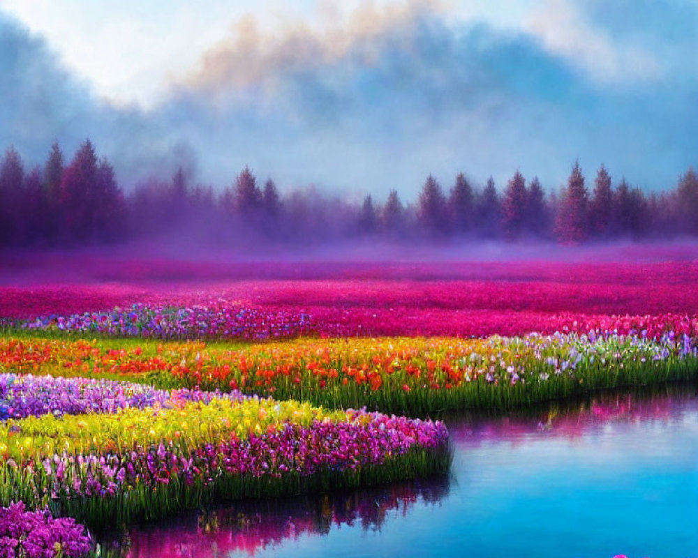 Colorful tulip landscape by calm lake with misty trees and soft sky