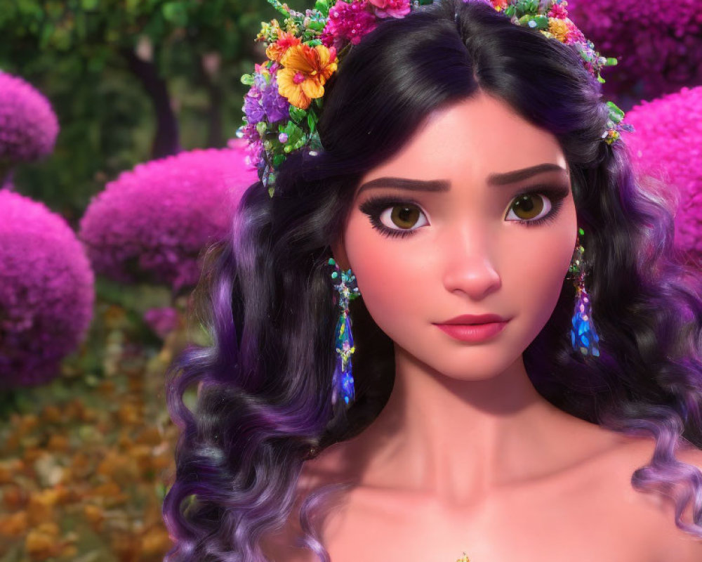 Purple-haired animated character with flower crown and jeweled earrings on vibrant floral backdrop