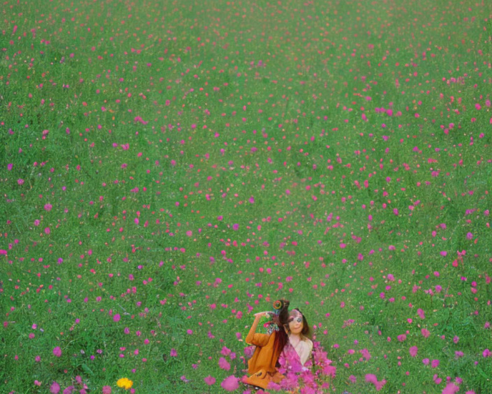 Person in Orange Dress Surrounded by Purple Flowers in Green Field