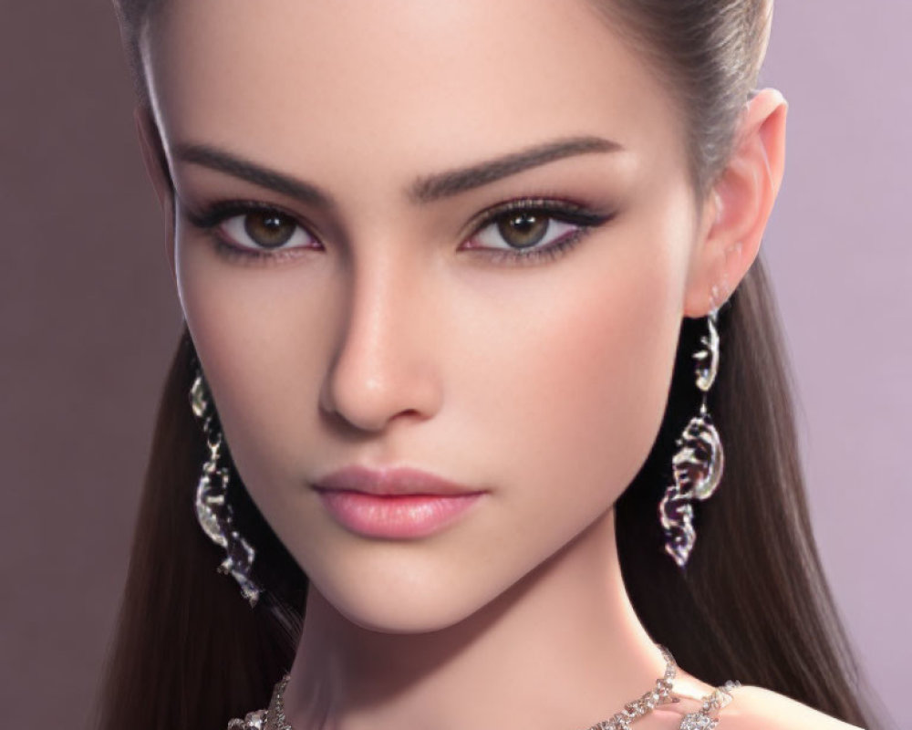 Detailed 3D Render of Female with Brown Eyes and Elegant Jewelry on Purple Background