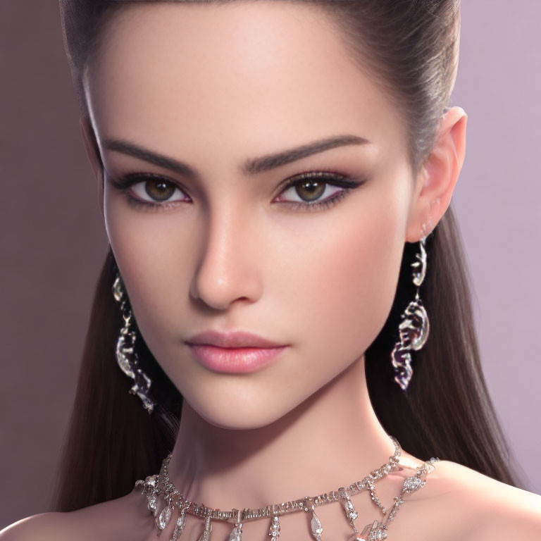 Detailed 3D Render of Female with Brown Eyes and Elegant Jewelry on Purple Background