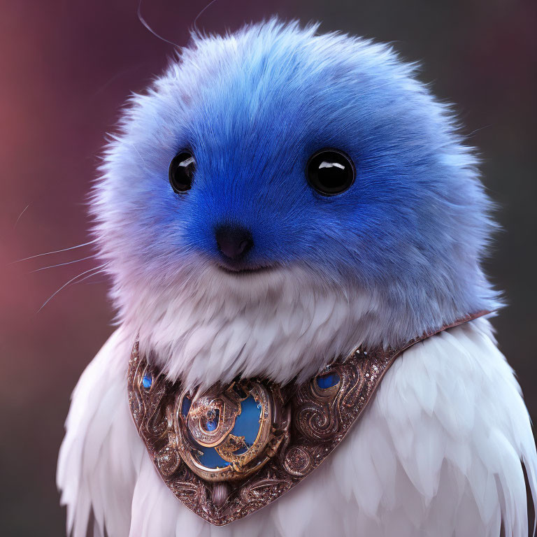 Fluffy white creature with blue head and ornate chest plate