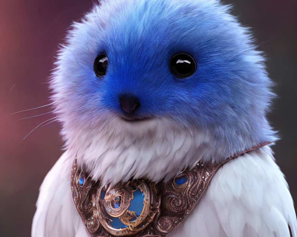 Fluffy white creature with blue head and ornate chest plate