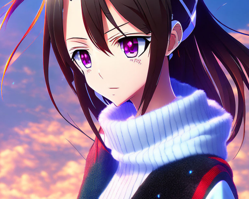 Long-haired anime girl with purple eyes and headphones in sweater and vest, against sunset sky.