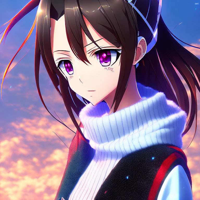 Long-haired anime girl with purple eyes and headphones in sweater and vest, against sunset sky.