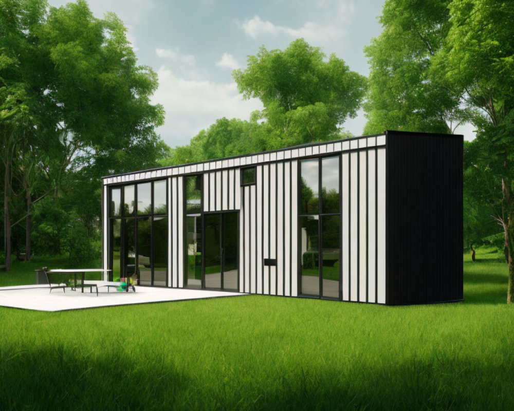 Modern Black and White House with Large Windows and Green Surroundings