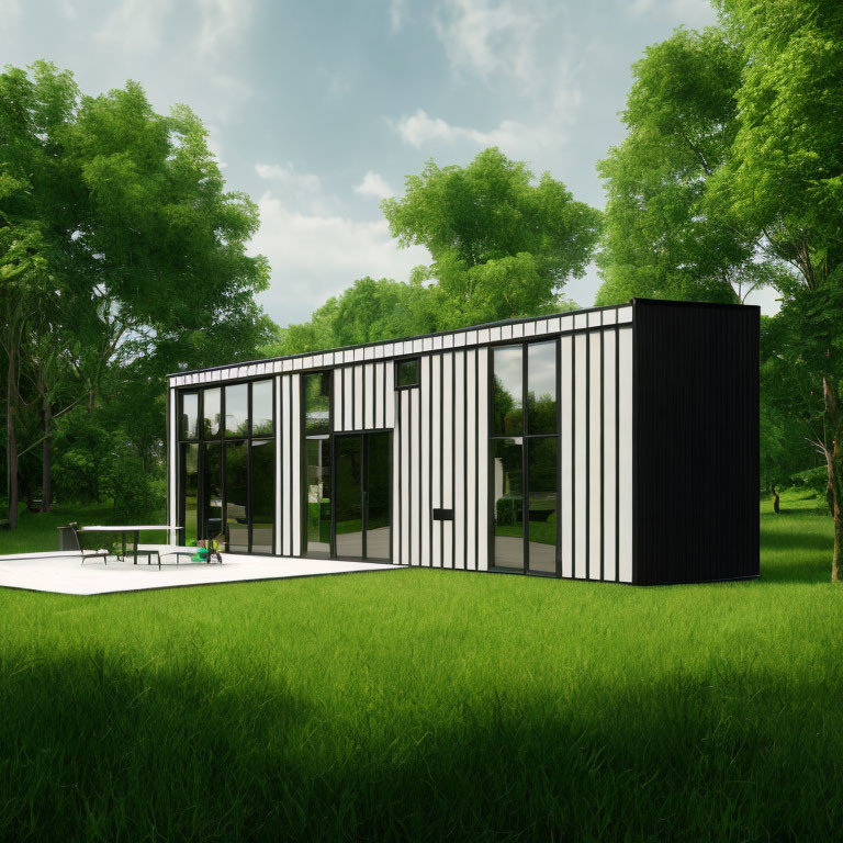 Modern Black and White House with Large Windows and Green Surroundings