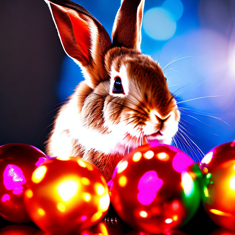 Brown and White Rabbit with Colorful Easter Eggs on Blue Background