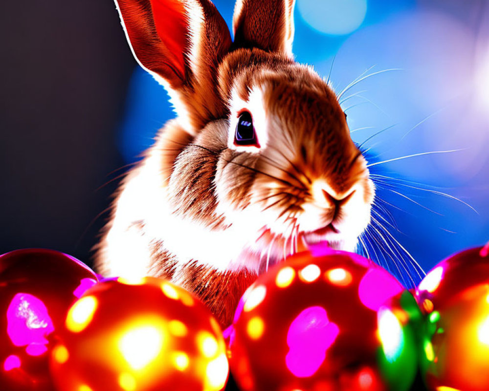 Brown and White Rabbit with Colorful Easter Eggs on Blue Background